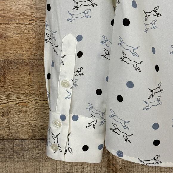 Hobbs London White Button Down Top Polka Dot Dog Print Long Sleeve Size 10 - Picture 7 of 9